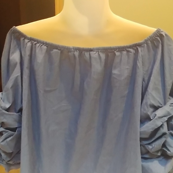 NEW Zara Off the Shoulders Blue with White Stripes Blouse 3/4 Puff Ruffle Sleeve - Picture 6 of 16